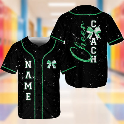 Front view of the black cheerleading baseball jersey featuring vertical custom name and cheer bow graphic