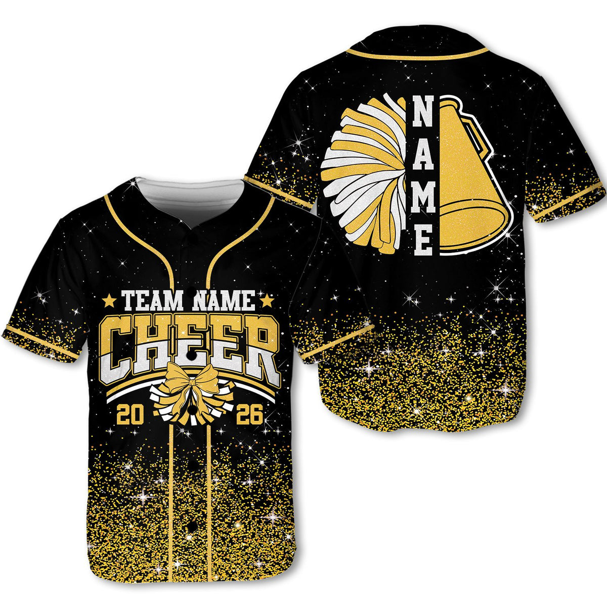 Front view of the black cheerleading baseball jersey with colorful glitter fade effect and cheer bow.