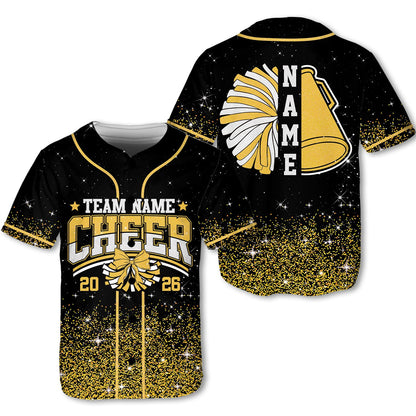 Main view of the personalized cheerleading baseball jersey in black, featuring a custom name and number.
