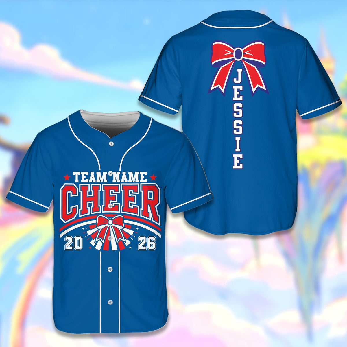 Blue cheerleading baseball jersey front view