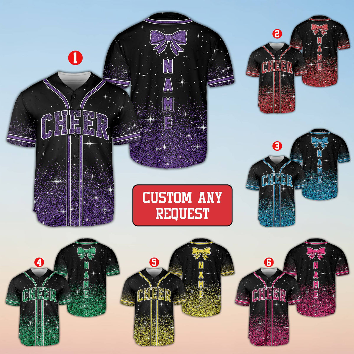 Front view of custom cheerleading baseball jersey with CHEER across the chest