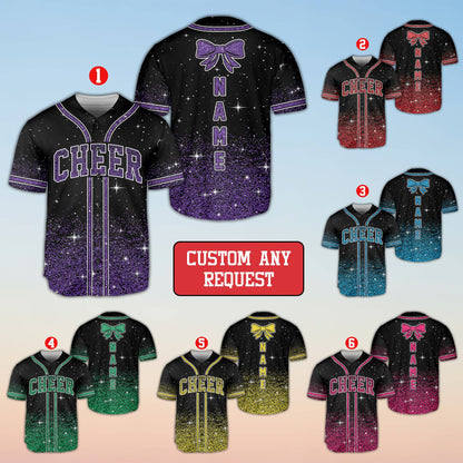 Front view of custom cheerleading baseball jersey with CHEER across the chest