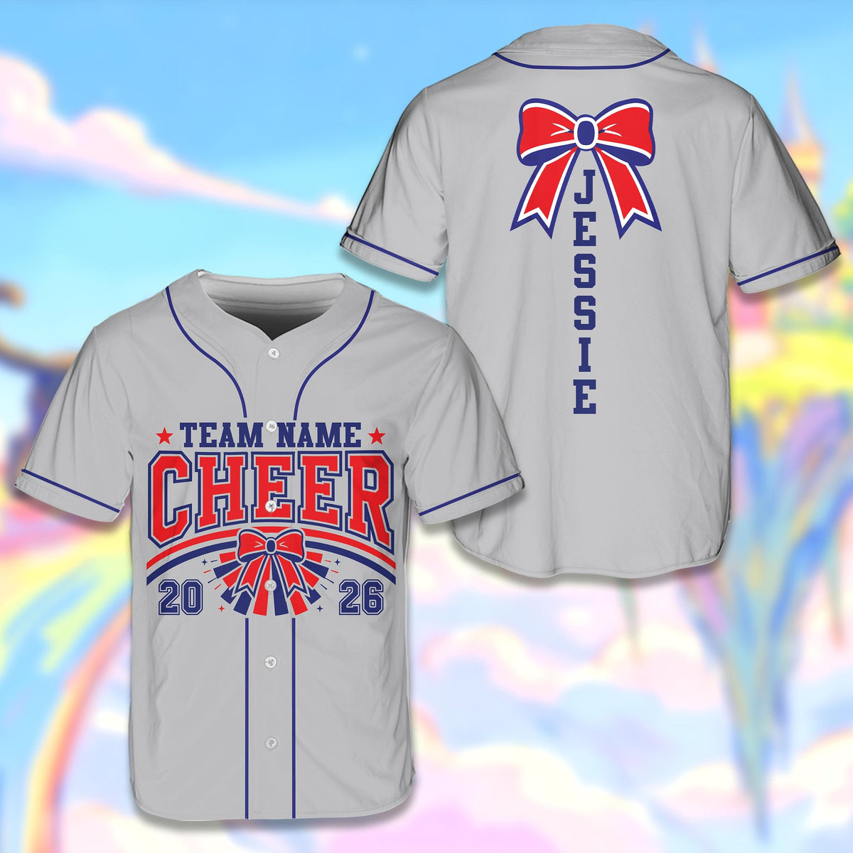 Gray solid baseball jersey with cheer design, front view