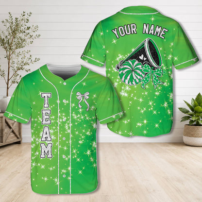 Green customized cheerleading baseball jersey front view