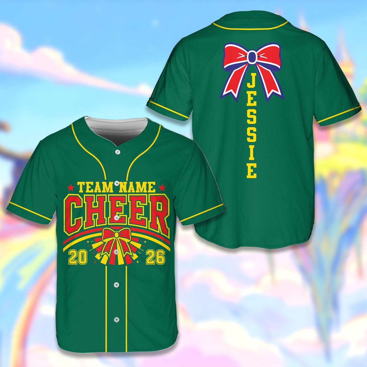 Green custom name and number baseball jersey, front view