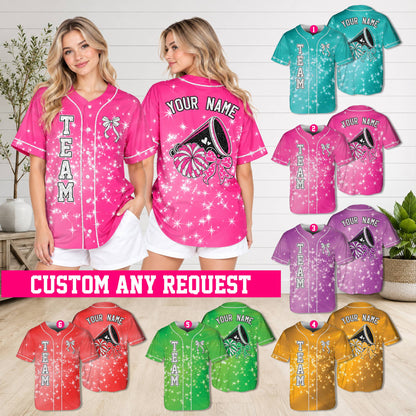Lifestyle view of a person wearing a custom cheerleading baseball jersey