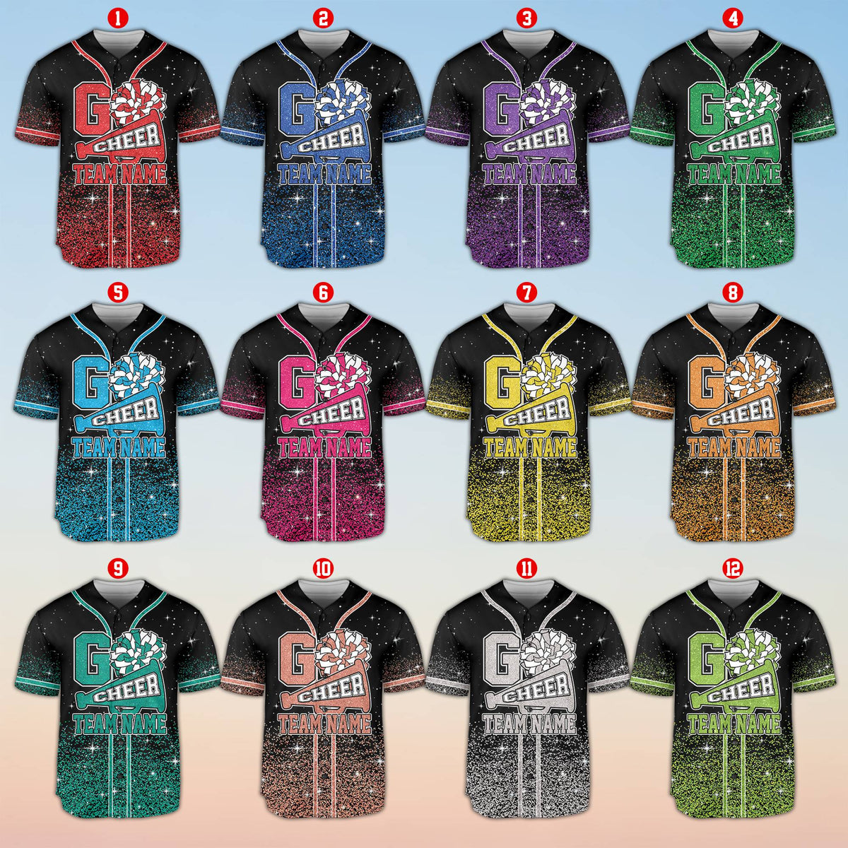 Front detail of cheerleading baseball jersey featuring pom-pom and letter G