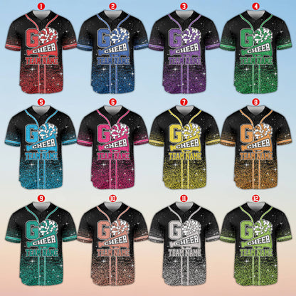 Front detail of cheerleading baseball jersey featuring pom-pom and letter G