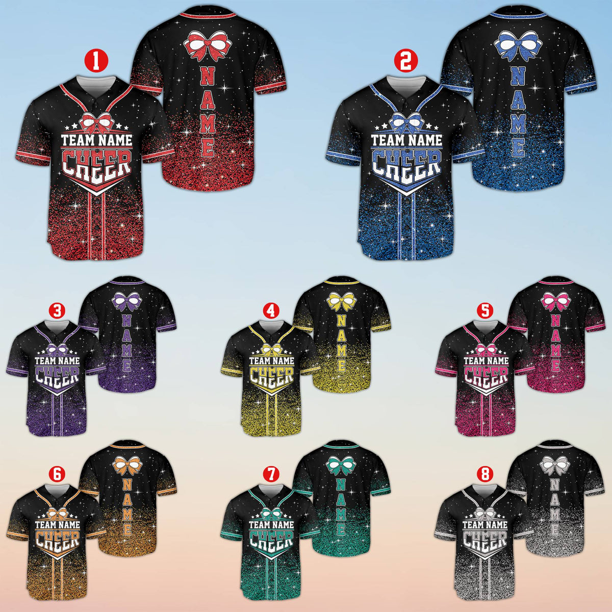 Multicolor glitter-effect personalized cheerleading baseball jersey front view