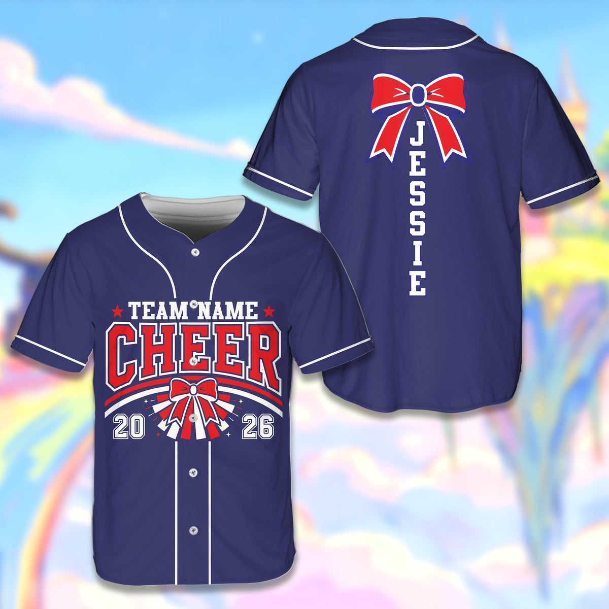 Navy cheerleading baseball jersey with team name and bow graphic, front view