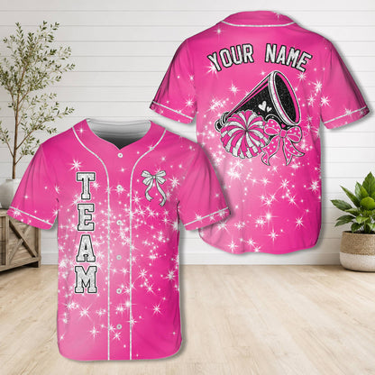Pink personalized baseball jersey with a starry glitter background and silver bow graphic on the front