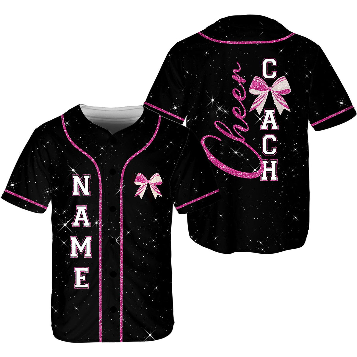 Front view of the cheerleading baseball jersey in black with pink starry night effect and custom name