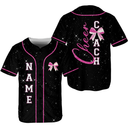 Front view of the cheerleading baseball jersey in black with pink starry night effect and custom name