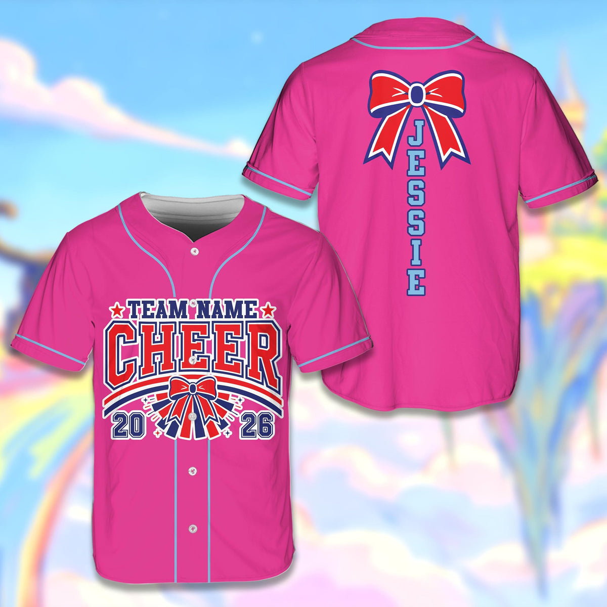 Pink personalized baseball jersey with cheer print, front view