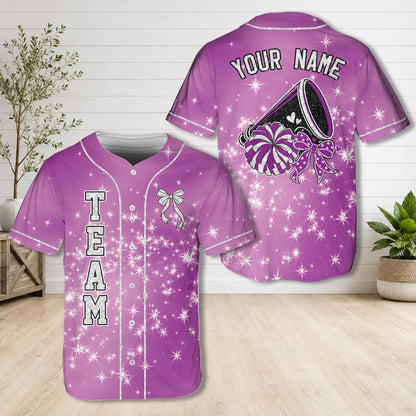 Purple customized cheerleading baseball jersey back view with megaphone and bow graphic