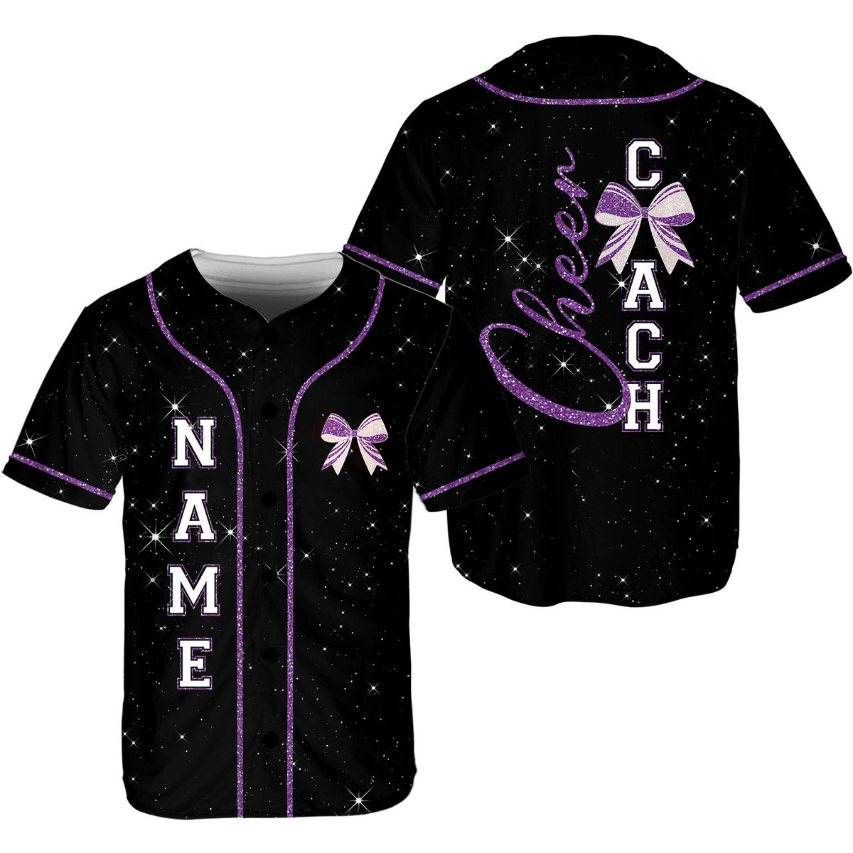 Front view of the personalized cheer jersey in black with purple trim and bow graphic