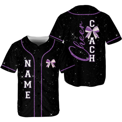 Front view of the personalized cheer jersey in black with purple trim and bow graphic