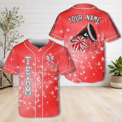 Red cheerleading baseball jersey showing the front design with team text and bow
