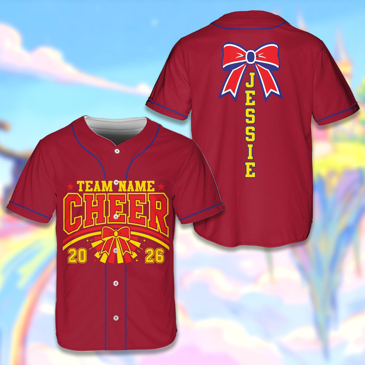 Red cheerleading baseball jersey with custom details, front view