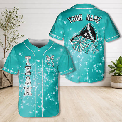 Teal personalized cheer apparel baseball jersey back design