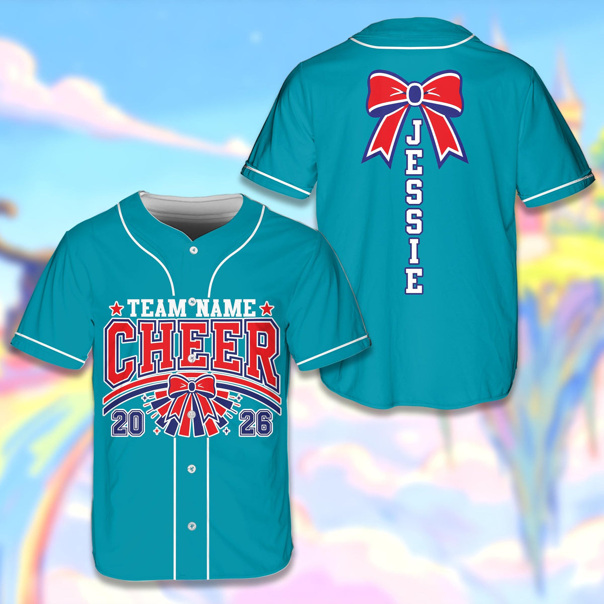 Teal custom baseball jersey featuring cheer text, front view
