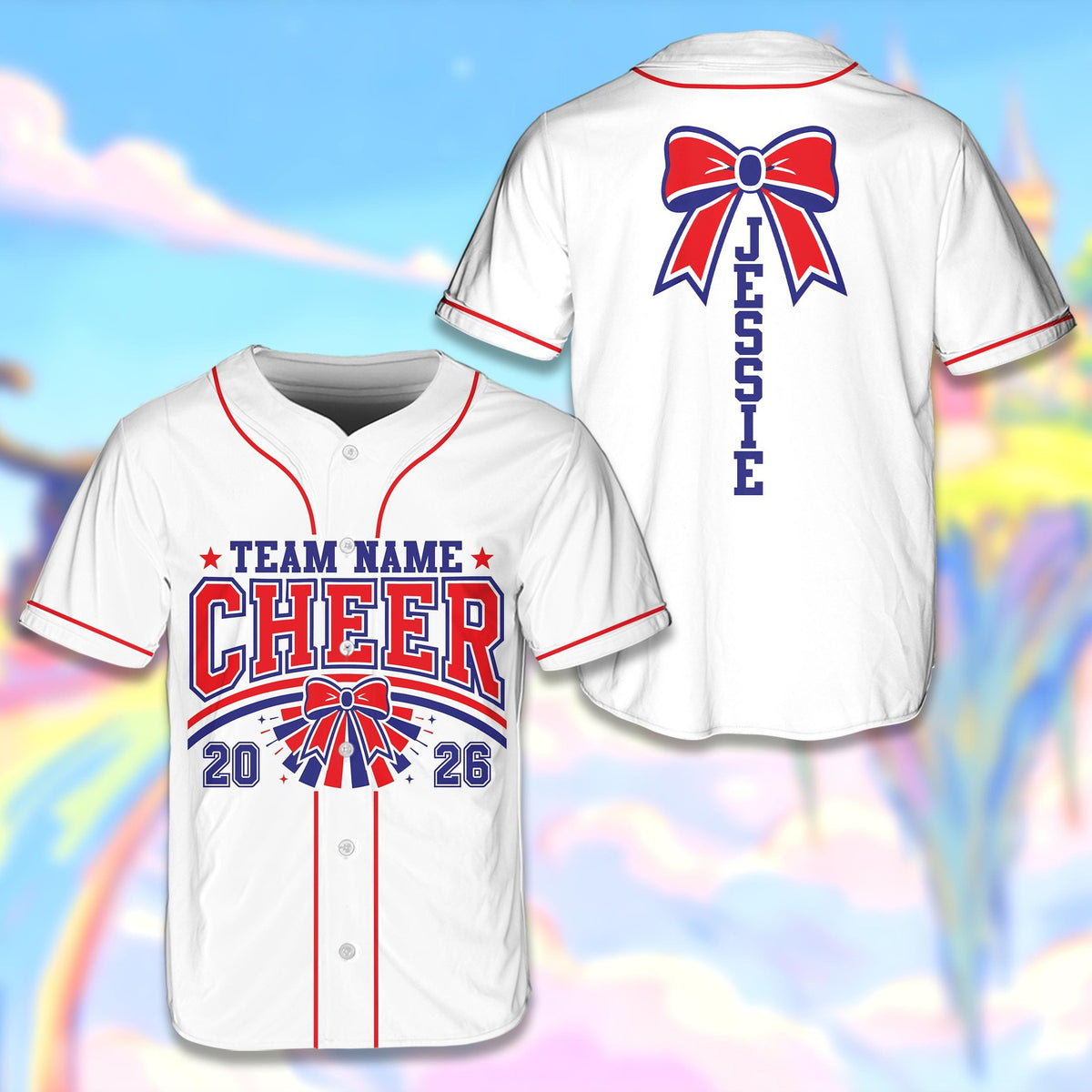 White cheerleading baseball jersey with custom name and number, main view