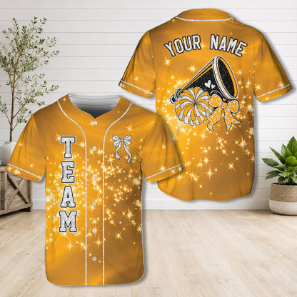 Yellow personalized baseball jersey back view featuring a custom name, megaphone, and pom-poms