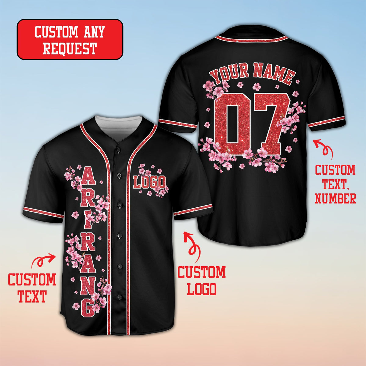 Black cherry blossom baseball jersey with custom name and number, main view