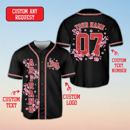 Black cherry blossom baseball jersey with custom name and number, main view