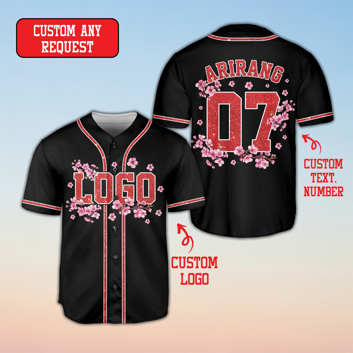 Black personalized cherry blossom baseball jersey front view