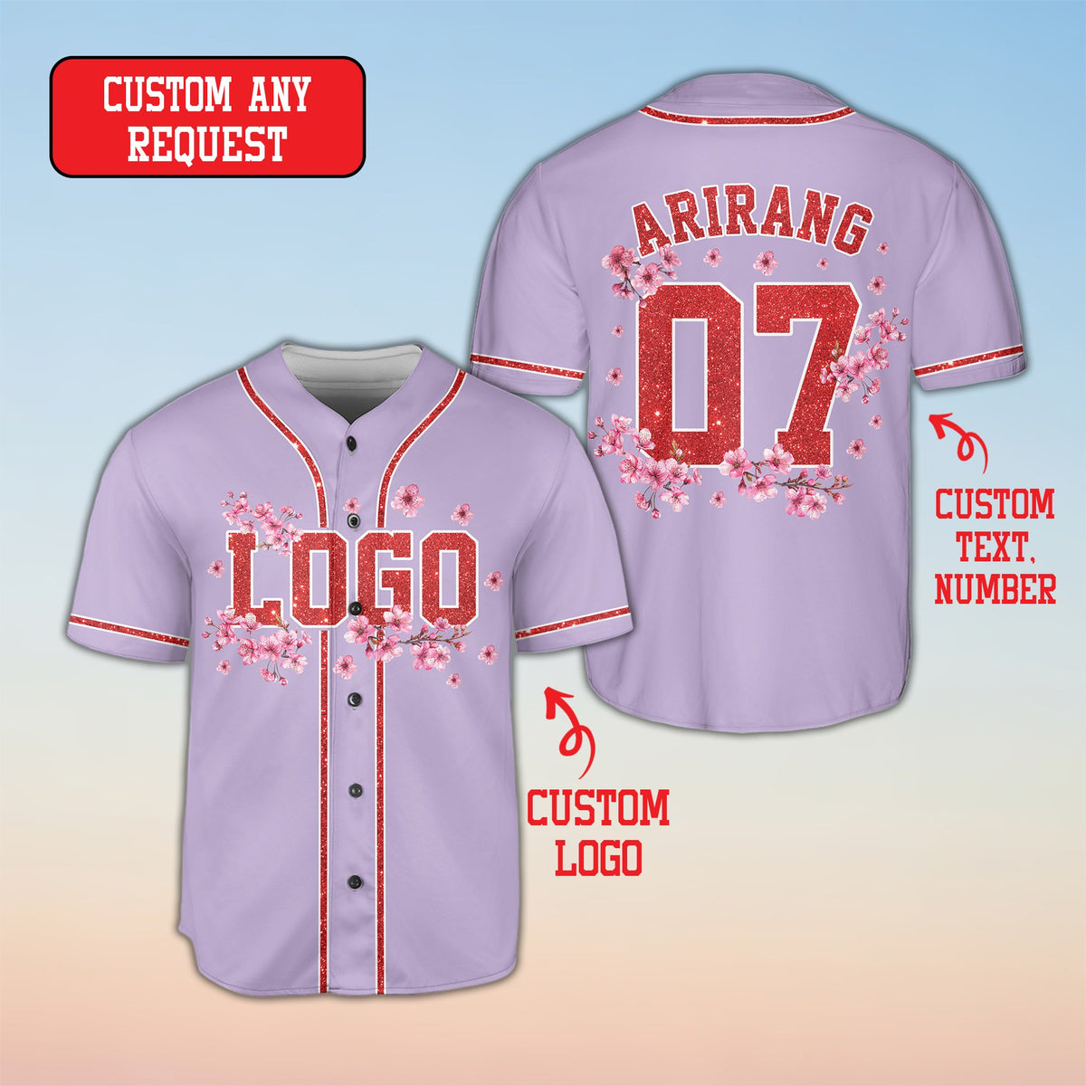 Purple personalized baseball jersey floral pattern front view