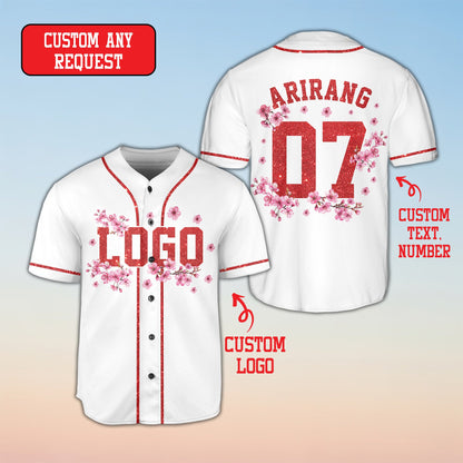 White custom baseball jersey with cherry blossom design front view