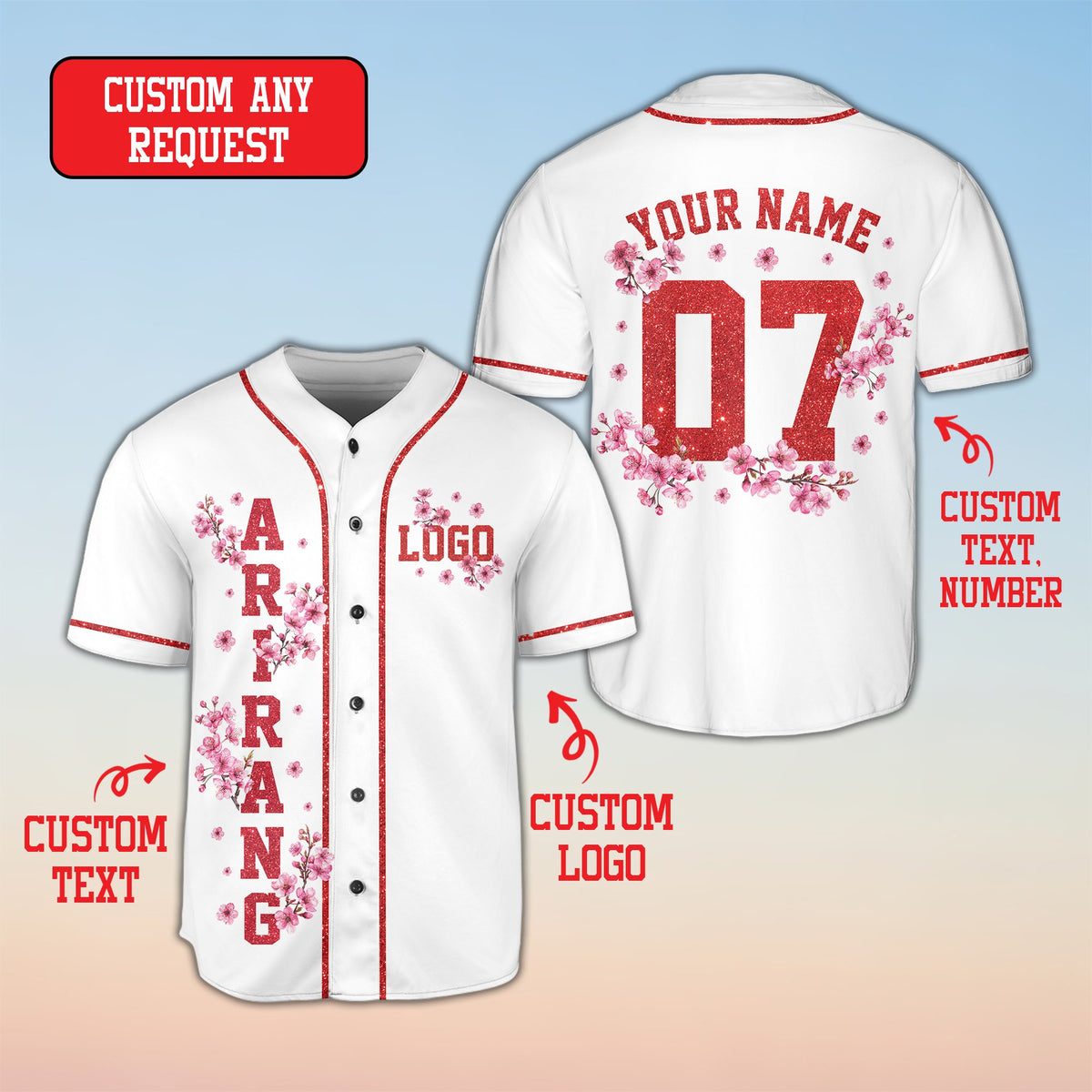 White cherry blossom baseball jersey custom name front view