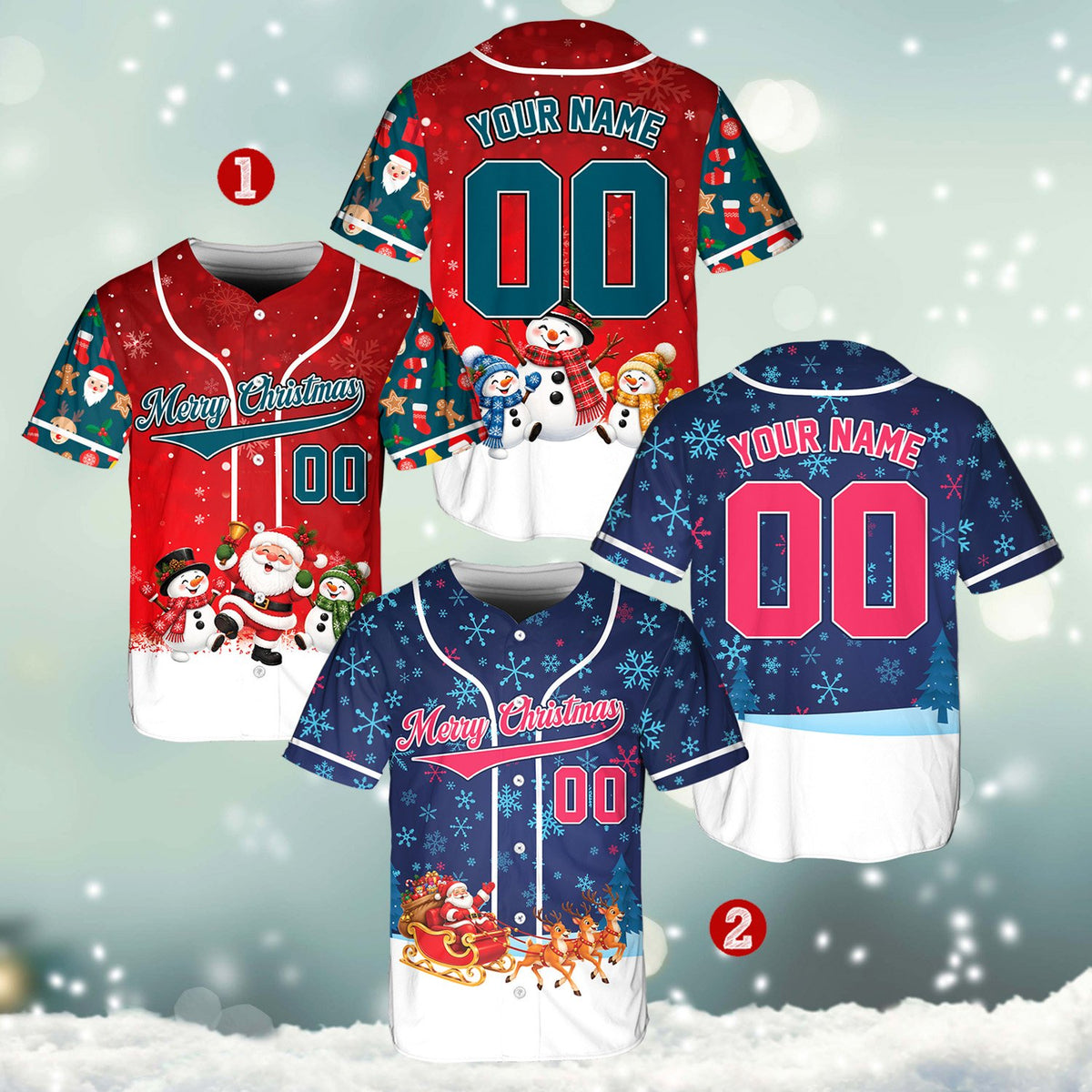 Navy personalized holiday baseball jersey showing custom text, back view