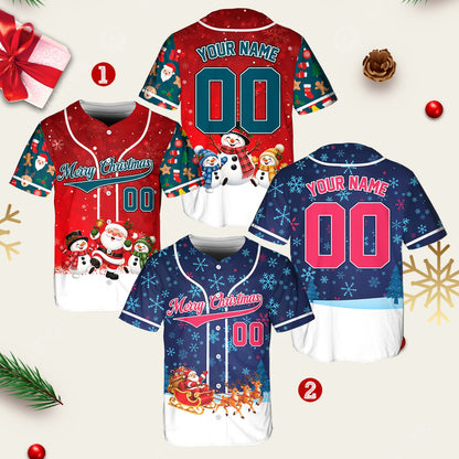 Red christmas baseball jersey showing custom name and number, back view