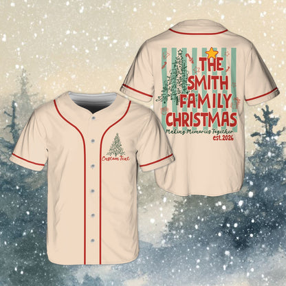 Lifestyle view highlighting the beige tones of the custom family christmas baseball jersey