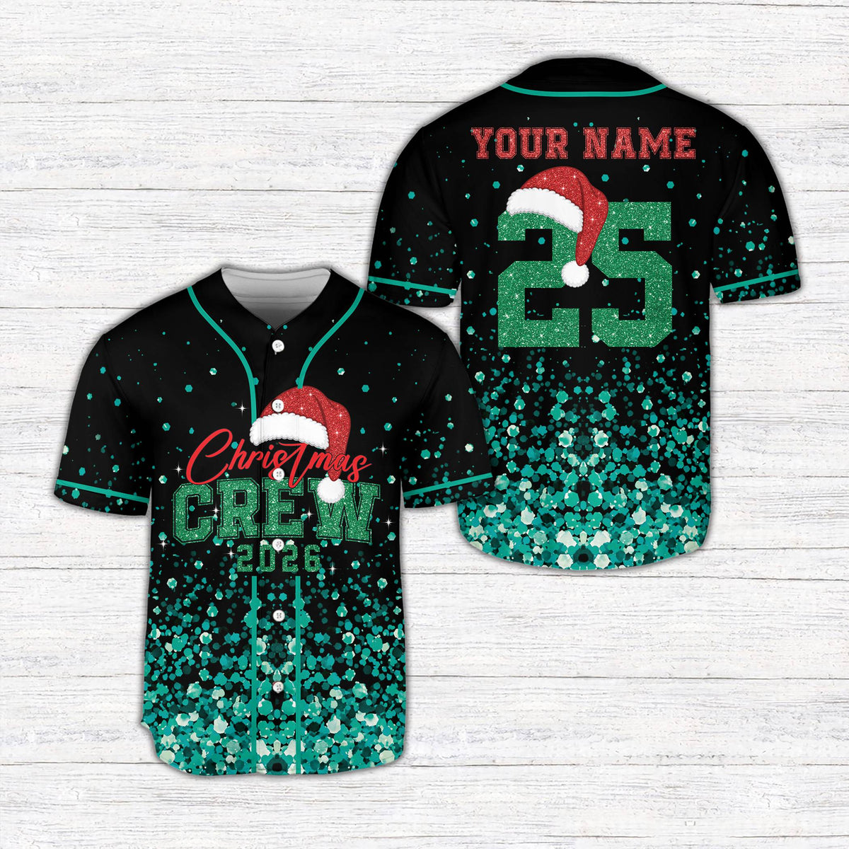 Back view of black christmas baseball jersey with custom name and number