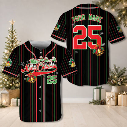 Black personalized christmas baseball jersey with sleigh design and custom name and number
