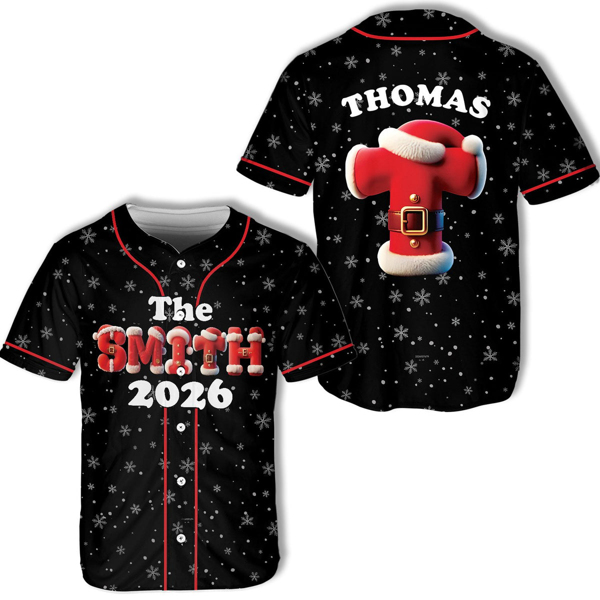 Black personalized christmas baseball jersey, front view