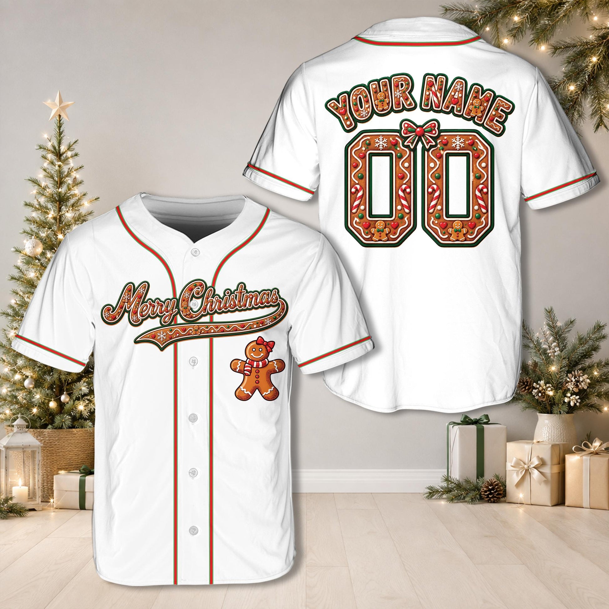 Front view of a personalized black christmas baseball jersey featuring a gingerbread design and custom name