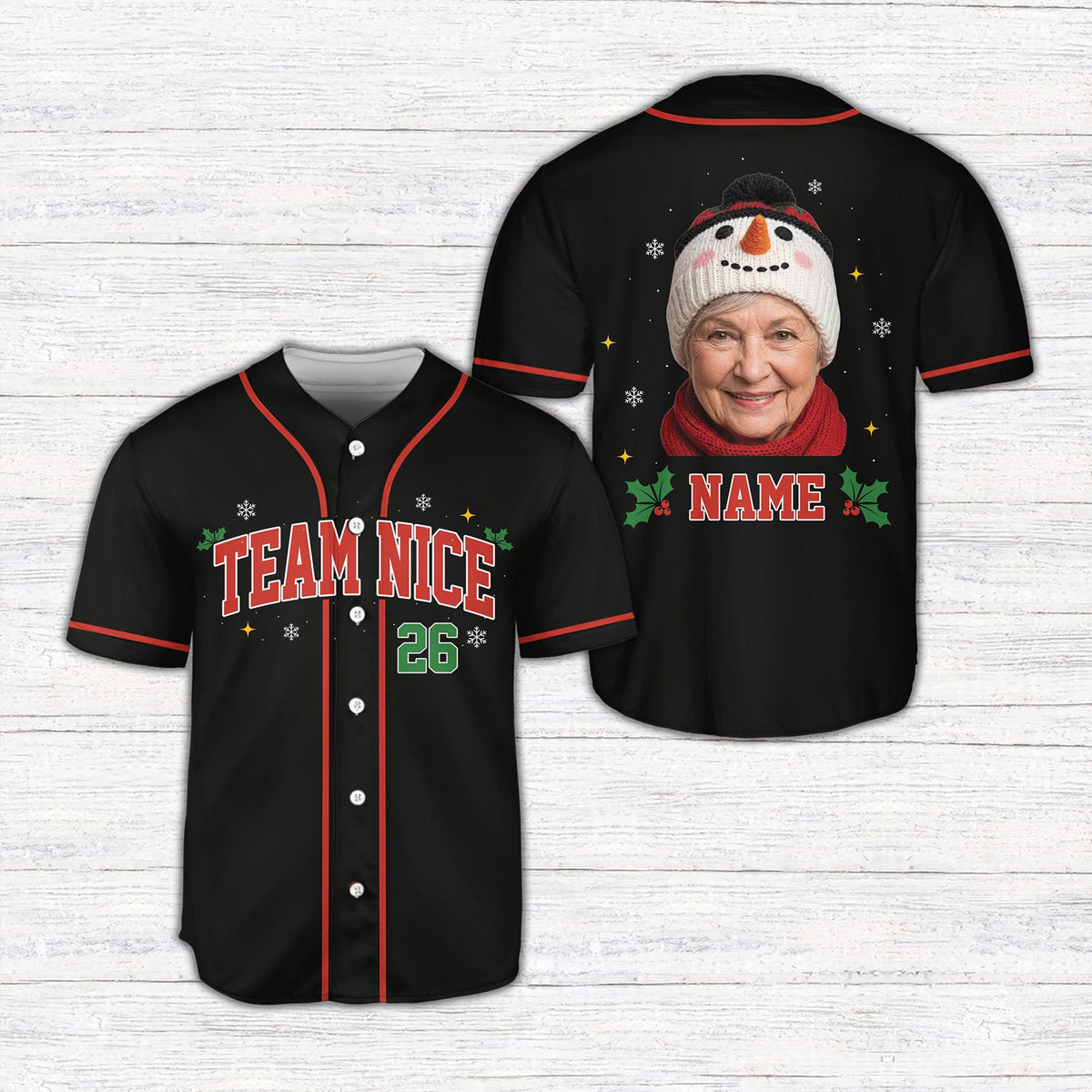 Black christmas baseball jersey with 'CUSTOM TEXT' and number on the front