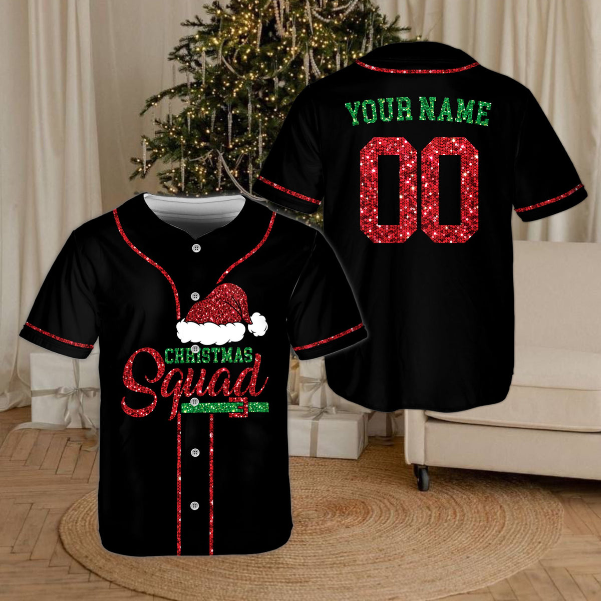Main view of the black personalized christmas baseball jersey with faux sequin squad design