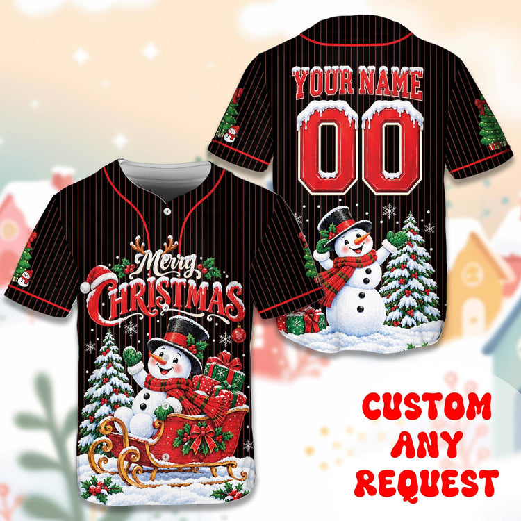 Black and red pinstripe christmas baseball jersey with snowman and sleigh design, front view