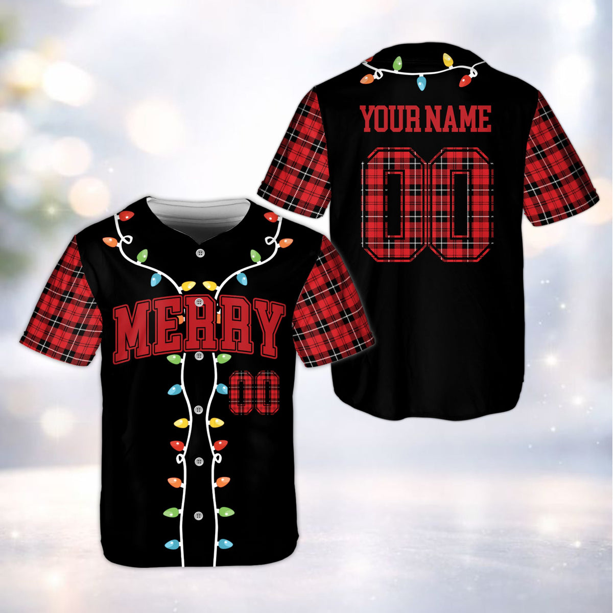 Front view of a black christmas baseball jersey with Merry text, plaid sleeves, and personalization placeholders.