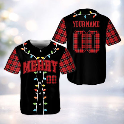 Front view of a black christmas baseball jersey with Merry text, plaid sleeves, and personalization placeholders.