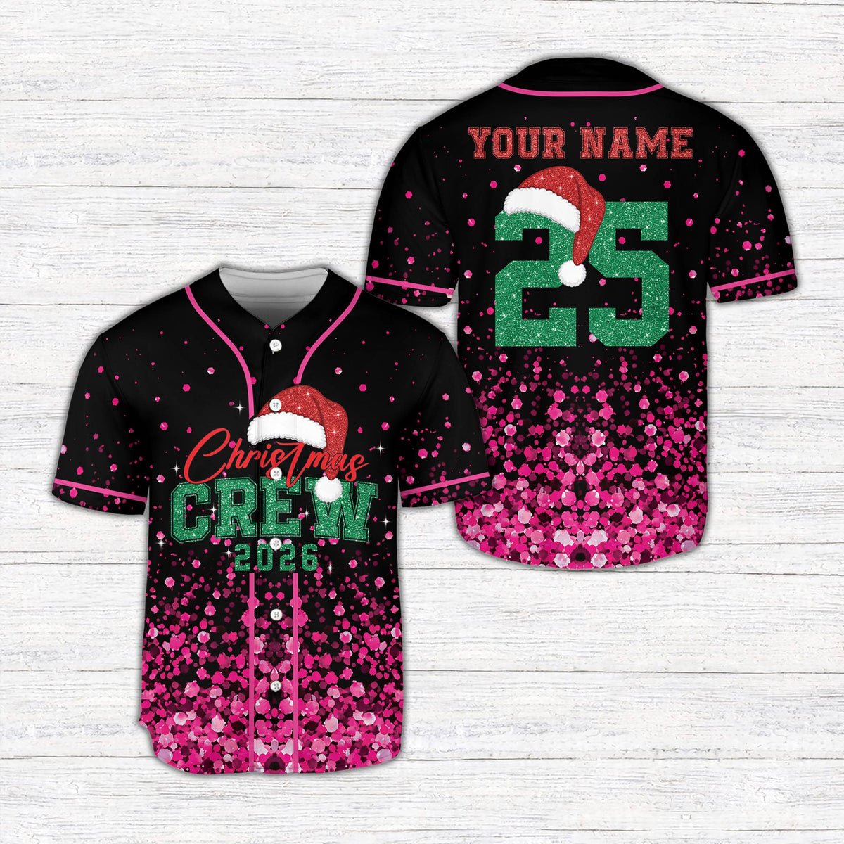 Front detail 3 of black personalized christmas baseball jersey