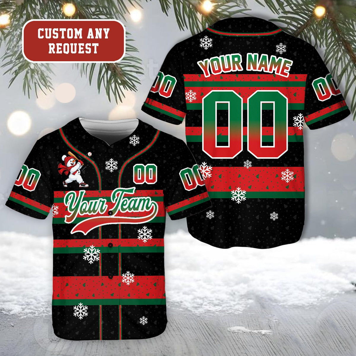 Personalized black christmas baseball jersey showing holiday design details, front view