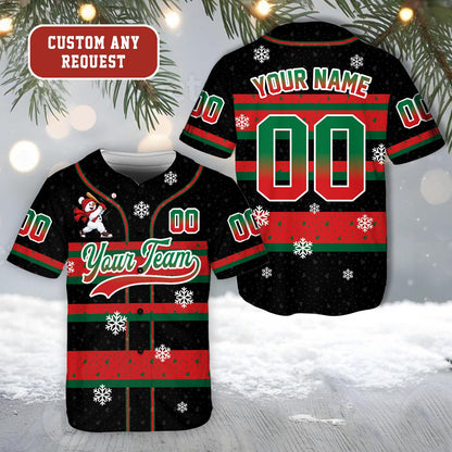 Personalized black christmas baseball jersey showing holiday design details, front view