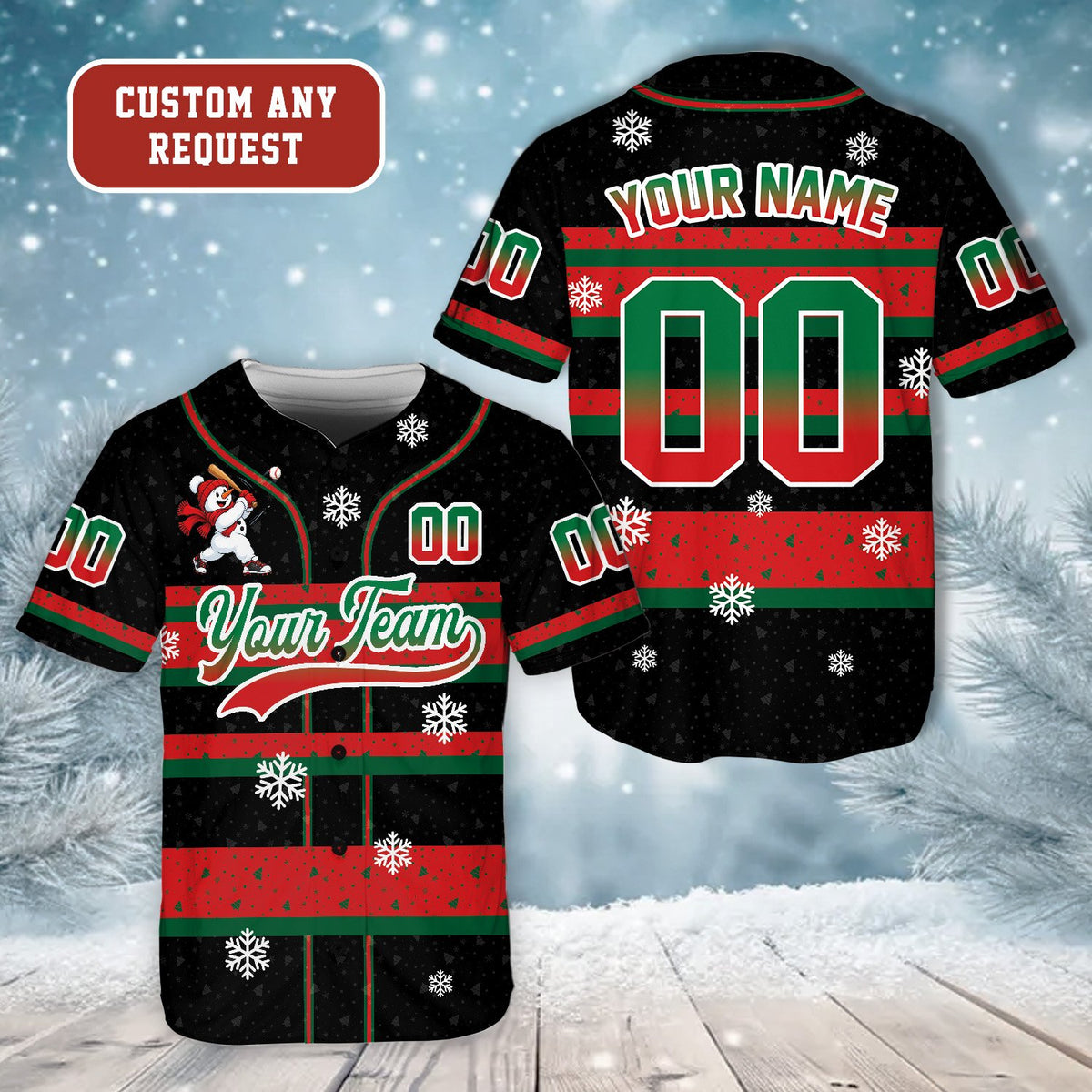 Personalized black christmas baseball jersey with festive pattern, front view