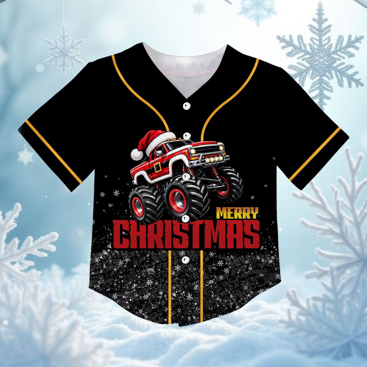 Front view of the black monster truck christmas baseball jersey